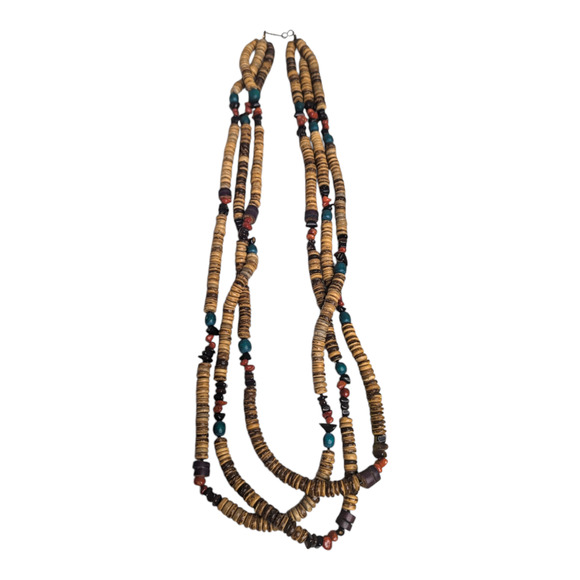 Boho Multi Layered Chunky Multi Colored Wooden Beaded Long Vintage Necklace - Picture 6 of 6